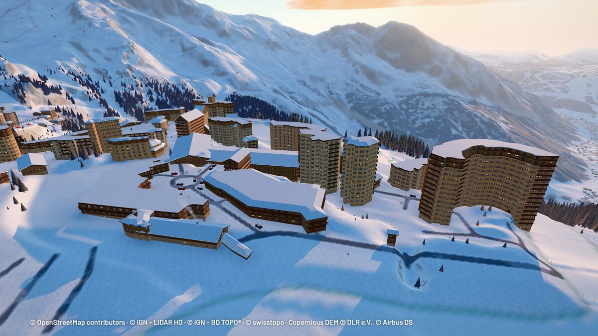 Avoriaz e seus penhascos na luz do fim de tarde, reconstruídos em 3D pelo GeoPeaks: prédios cobertos de neve, florestas e montanhas.